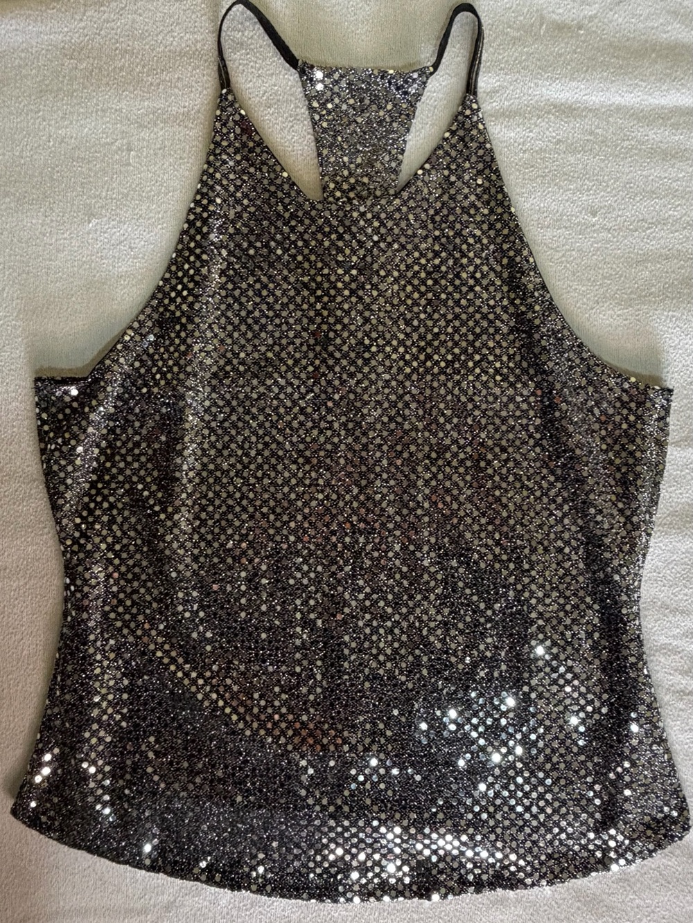 VTG Y2K Formula X Metallic Silver Disc Sequin Halter Top Racerback Tank Party